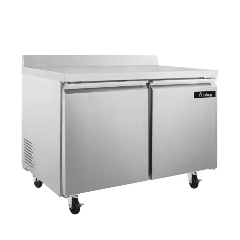 Mesa de congelación Icehaus MTC-2P-SS-01 de acero inoxidable con 2 puertas sólidas y ruedas con freno