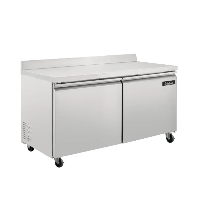 Mesa de trabajo de congelación Icehaus MTC-2P-SS-02 de acero inoxidable con 2 puertas sólidas y ruedas con freno