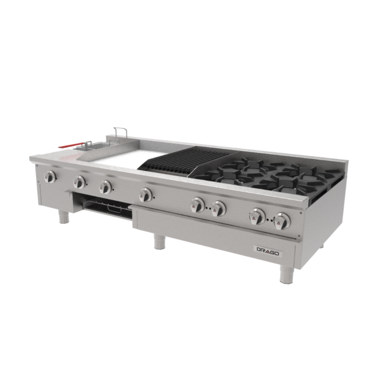 Estufa universal de mesa de acero inoxidable marca Drago modelo UDM (GPA-421-VE) con 4 quemadores, plancha y freidora para cocina profesional