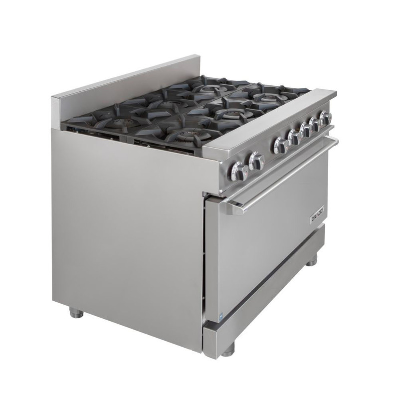 Estufa industrial con horno de 6 quemadores en acero inoxidable marca Drago modelo GES-060-000 para cocina de restaurante