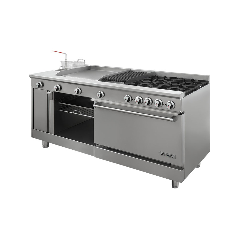 Estufa industrial Universal PD con horno de acero inoxidable marca Drago modelo GES-042-101 con freidora y plancha para restaurante