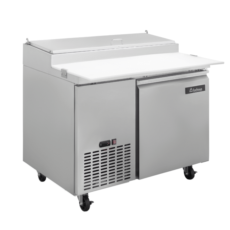 Mesa de preparación refrigerada para pizzas Icehaus modelo MP-1P-SS-02 de 1 puerta sólida en acero inoxidable