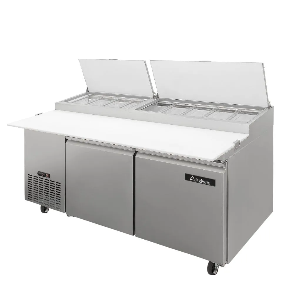 Mesa de preparación refrigerada industrial para pizzas Icehaus modelo MP-2P-SS-02 de 2 puertas en acero inoxidable