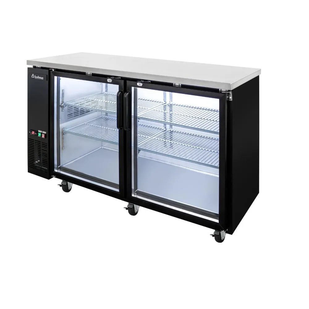 Refrigerador contrabarra comercial marca Icehaus modelo CBR-2PC-SS-01 de dos puertas de cristal en acero inoxidable