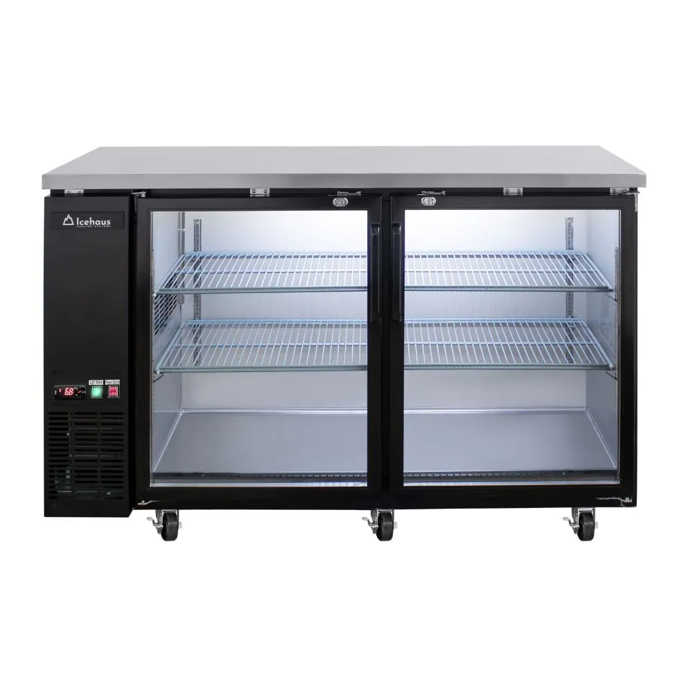 Refrigerador contrabarra comercial marca Icehaus modelo CBR-2PC-SS-01 de dos puertas de cristal en acero inoxidable