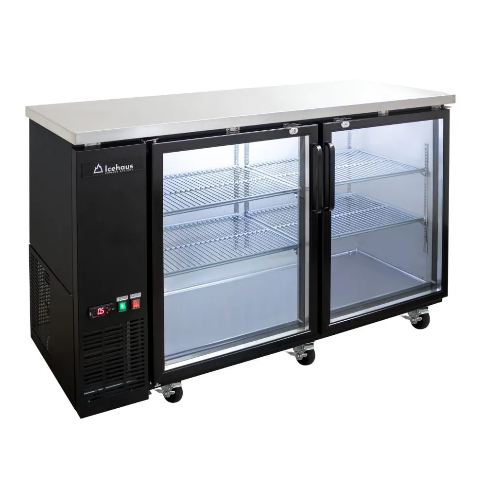 Refrigerador contrabarra comercial marca Icehaus modelo CBR-2PC-SS-01 de dos puertas de cristal en acero inoxidable