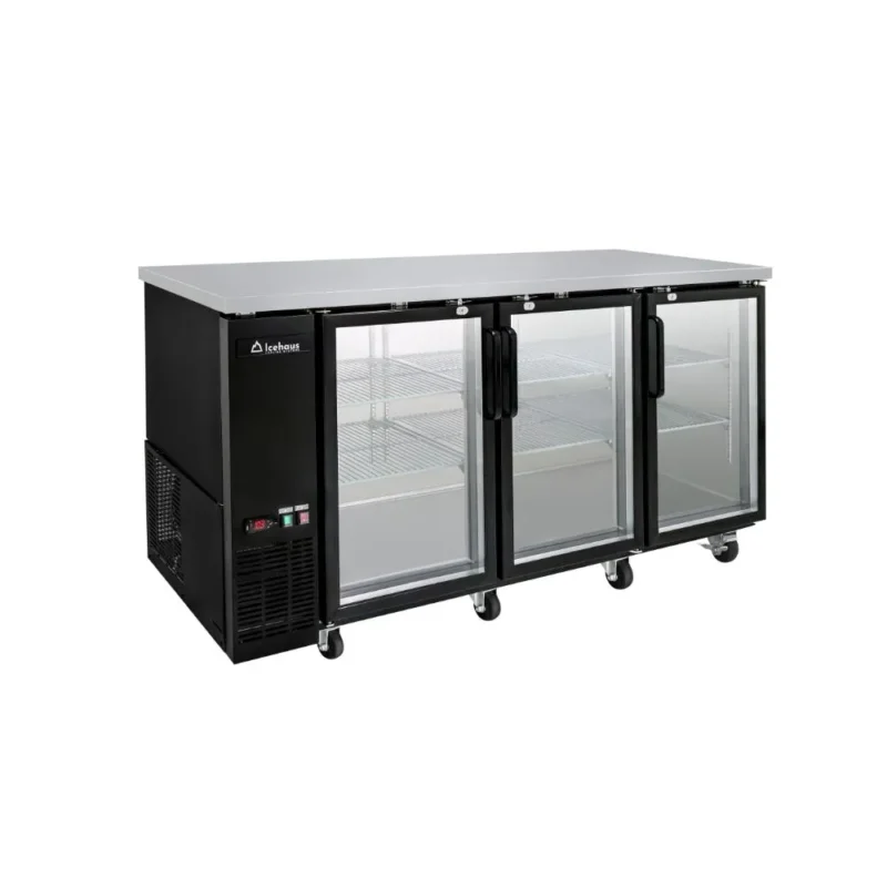 Refrigerador contrabarra comercial marca Icehaus modelo CBR-3PC-SS-01 de tres puertas de cristal en acero inoxidable