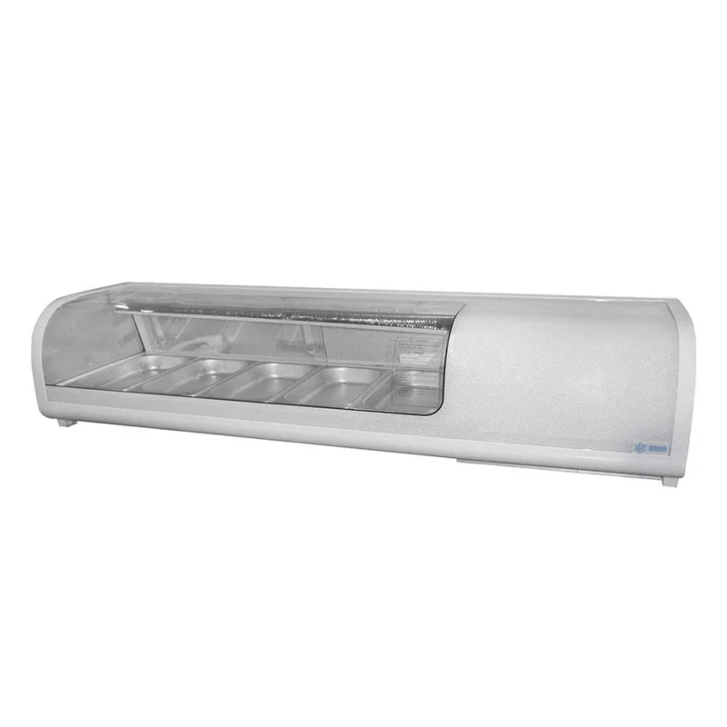 Vitrina refrigerada para sushi Migsa RTS-132L sobre mostrador de 132 litros en color blanco con cristal curvo