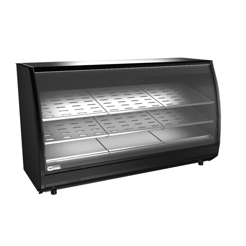 Vitrina carnicera comercial Criotec VCR-200M HC de cristal curvo negro con parrillas de acero inoxidable.