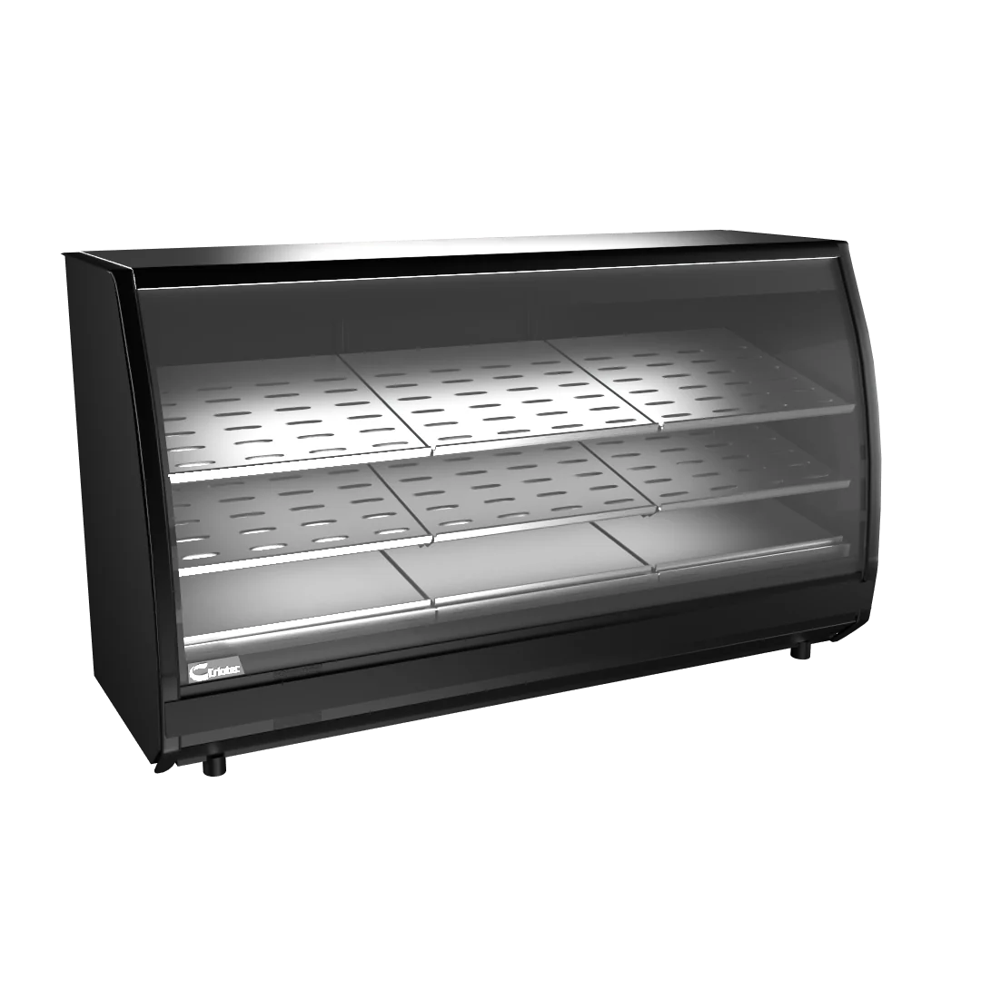 Vitrina carnicera comercial Criotec VCR-200M HC de cristal curvo negro con parrillas de acero inoxidable.