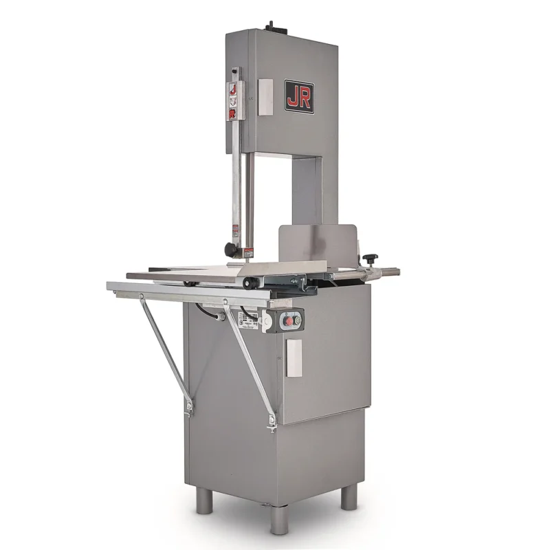 Sierra carnicera Torrey SJ-295 con base esmaltada y mesa de acero inoxidable para cortes precisos de carne.