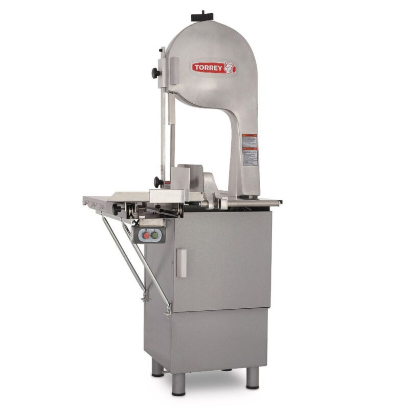 Sierra carnicera Torrey ST-295PE con mesa desmontable y cabezal de aluminio para uso industrial.