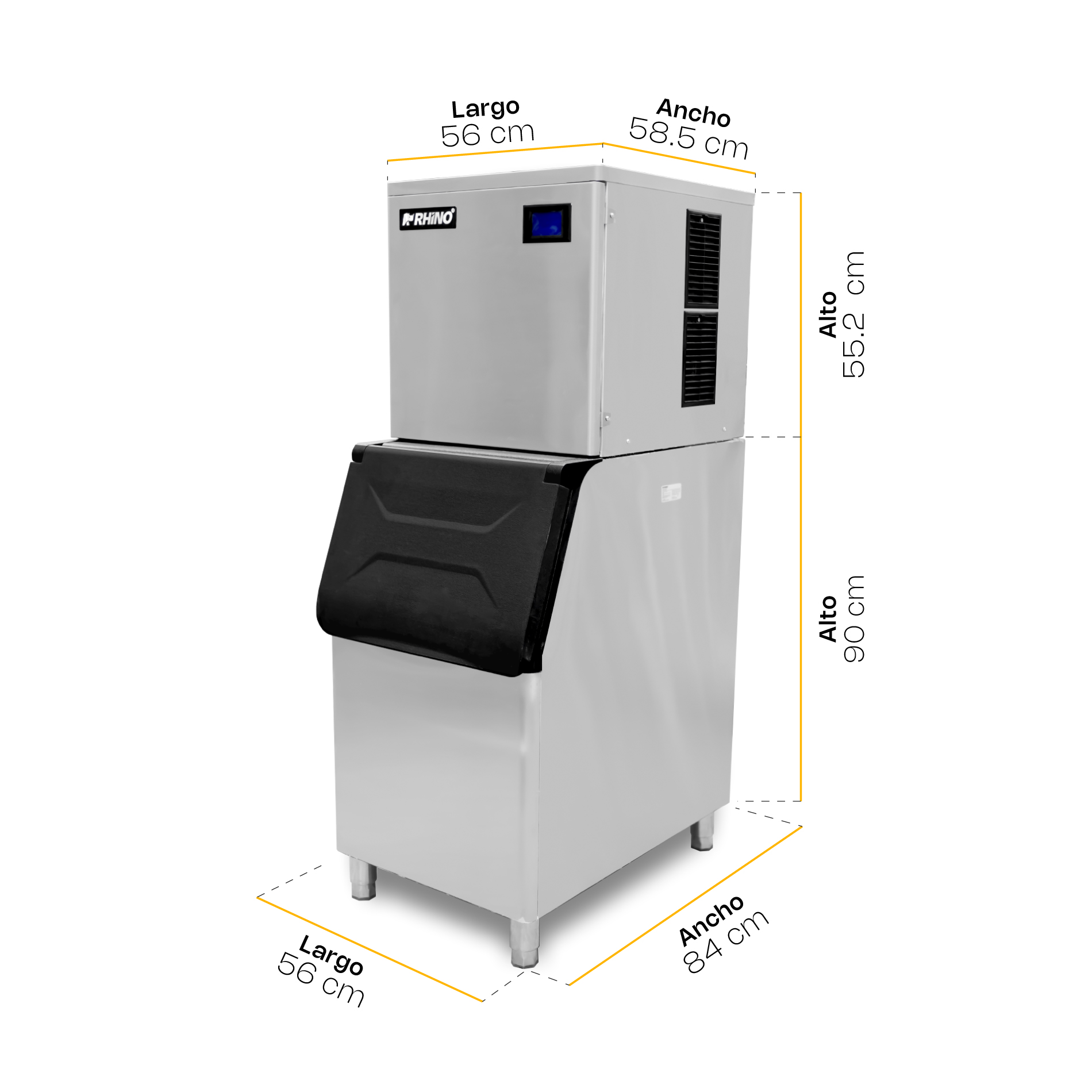 Fábrica de hielo en cubo comercial Rhino FAHIEL-200 de 200 kg en acero inoxidable con tolva de 100 kg