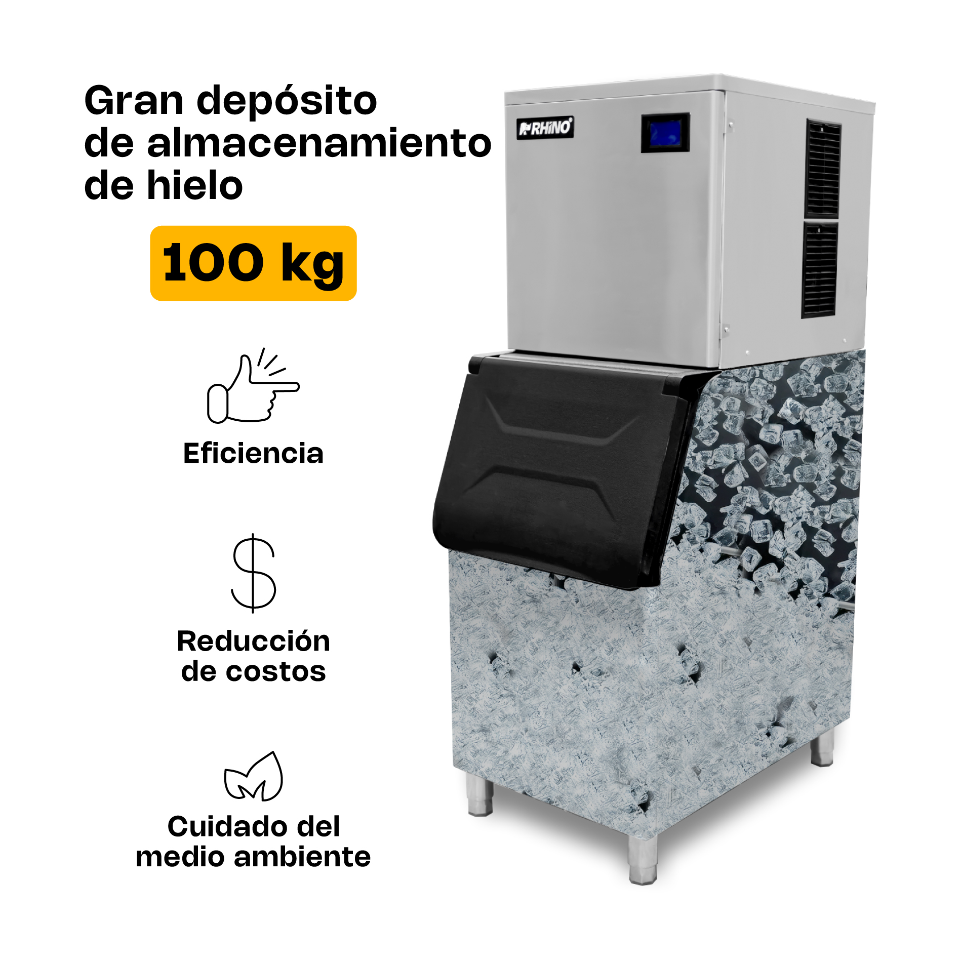 Fábrica de hielo en cubo comercial Rhino FAHIEL-200 de 200 kg en acero inoxidable con tolva de 100 kg