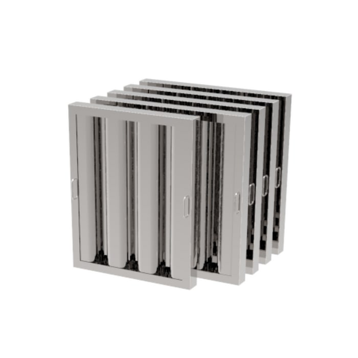 Juego de cinco filtros de grasa mixtos tipo laberinto en acero inoxidable marca Drago modelo KIT-FILTERS-8 para campana comercial