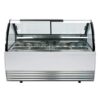 Vitrina exhibidora de piso panorámica gigante para helados marca Migsa modelo DW-13 en color blanco con 13 insertos de acero inoxidable
