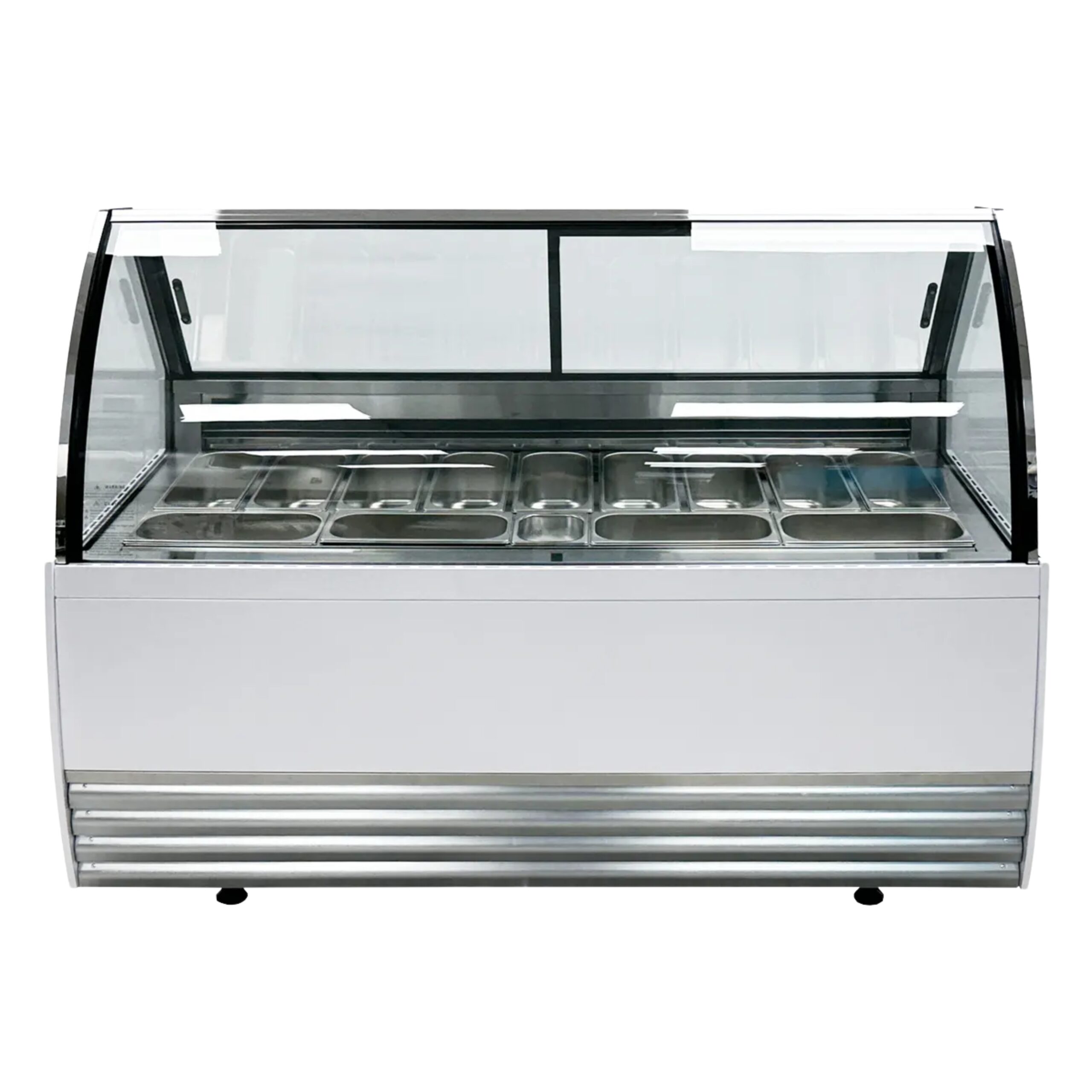 Vitrina exhibidora de piso panorámica gigante para helados marca Migsa modelo DW-13 en color blanco con 13 insertos de acero inoxidable