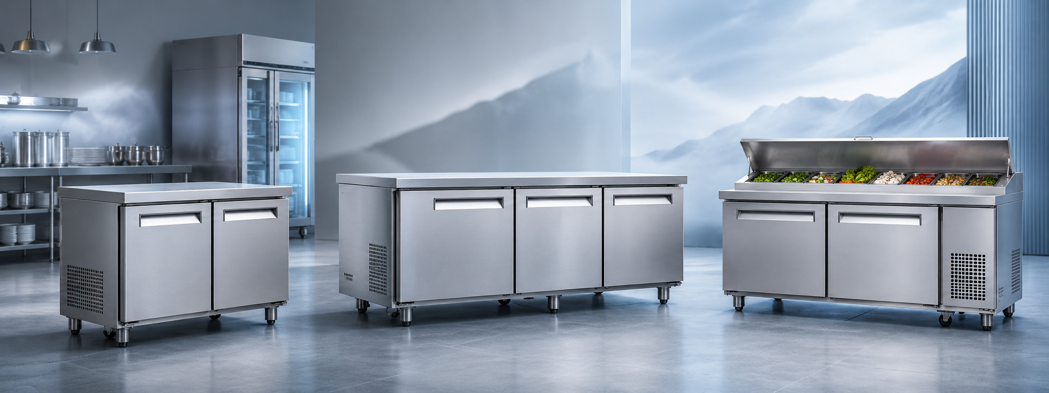 Mesas refrigeradas comerciales de acero inoxidable para restaurantes y cocinas profesionales