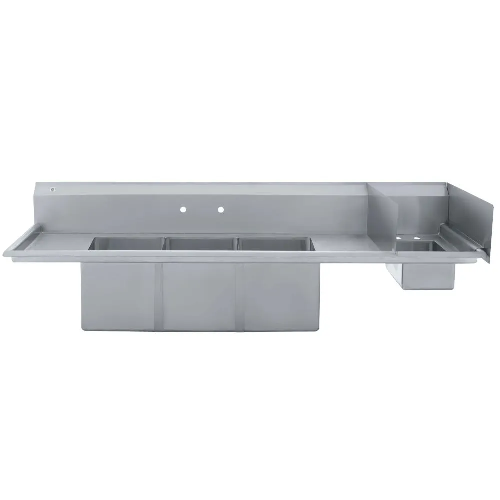 Fregadero de acero inoxidable marca Drago modelo F4T-151514-12 con tres tarjas, dos escurrideros laterales y un lavamanos integrado