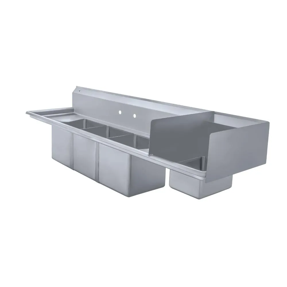 Fregadero de acero inoxidable marca Drago modelo F4T-151514-12 con tres tarjas, dos escurrideros laterales y un lavamanos integrado