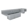 Fregadero de acero inoxidable marca Drago modelo F4T-151514-12 con tres tarjas, dos escurrideros laterales y un lavamanos integrado