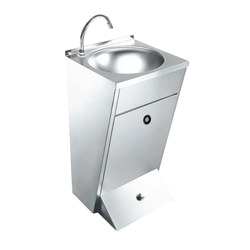 Lavamanos de pedestal comercial marca Migsa modelo LE-1 fabricado en acero inoxidable con llave de pedal y cuello de ganso