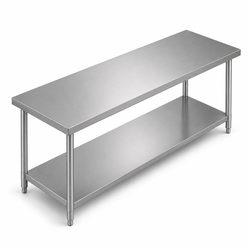 Mesa de trabajo en acero inoxidable con entrepaño para cocina profesional
