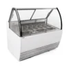 Vitrina exhibidora de piso panorámica para helados marca Migsa modelo DW-10 en color blanco con 10 insertos de acero inoxidable