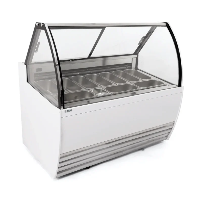 Vitrina exhibidora de piso panorámica para helados marca Migsa modelo DW-10 en color blanco con 10 insertos de acero inoxidable
