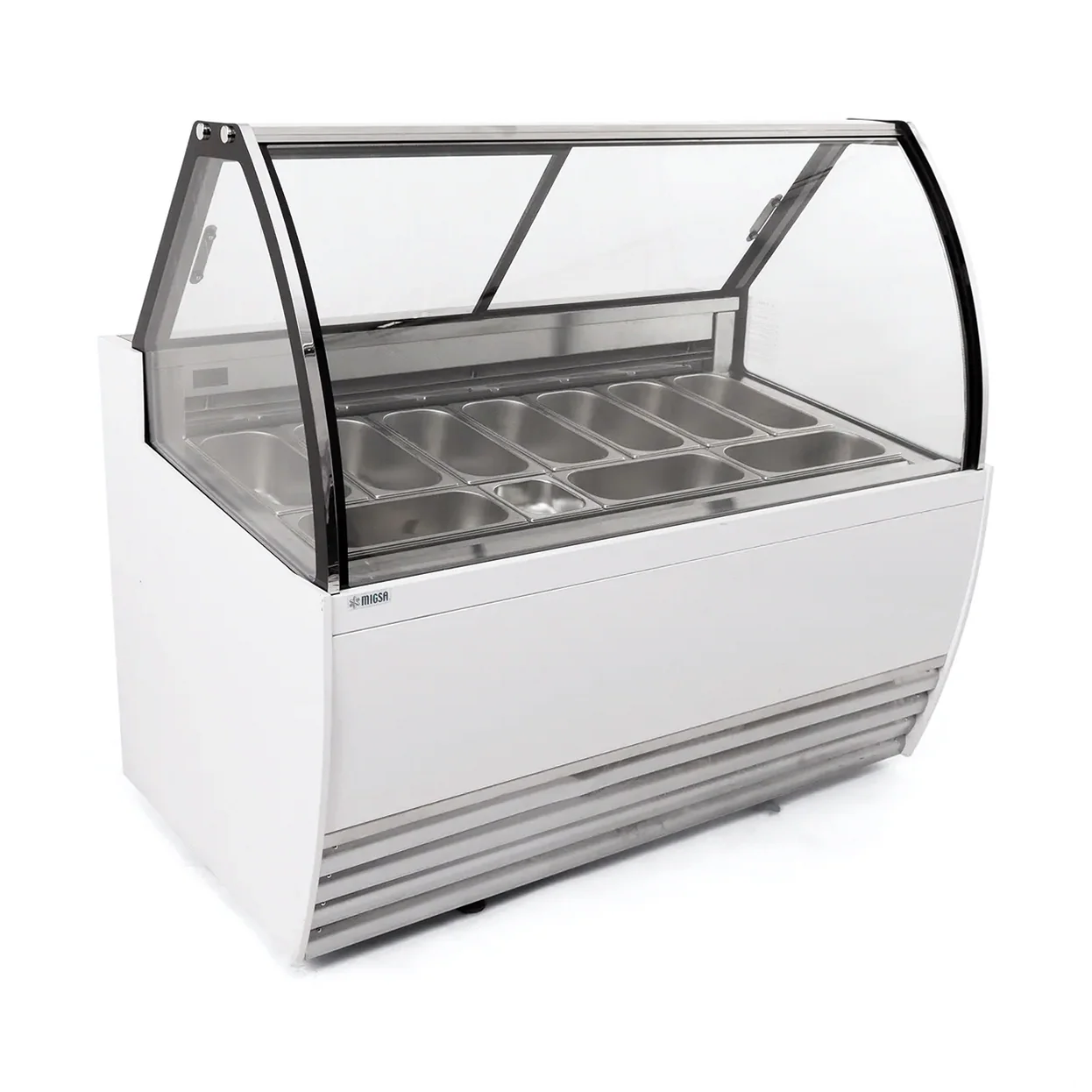 Vitrina exhibidora de piso panorámica para helados marca Migsa modelo DW-10 en color blanco con 10 insertos de acero inoxidable