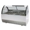 Vitrina exhibidora de piso panorámica gigante para helados marca Migsa modelo DW-13 en color blanco con 13 insertos de acero inoxidable