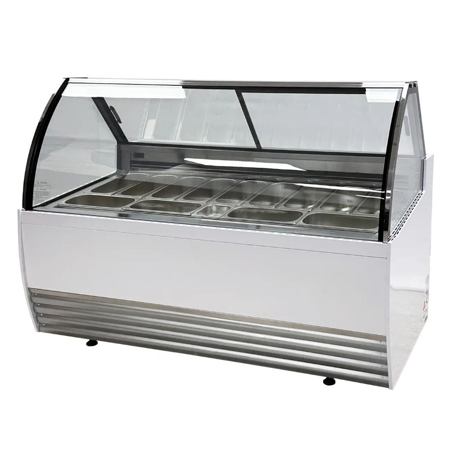 Vitrina exhibidora de piso panorámica gigante para helados marca Migsa modelo DW-13 en color blanco con 13 insertos de acero inoxidable
