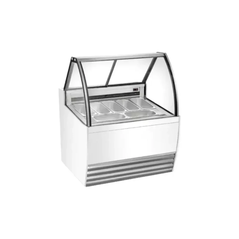 Vitrina exhibidora de piso para helados y gelato marca Migsa modelo DW-7 en color blanco con 7 insertos de acero inoxidable