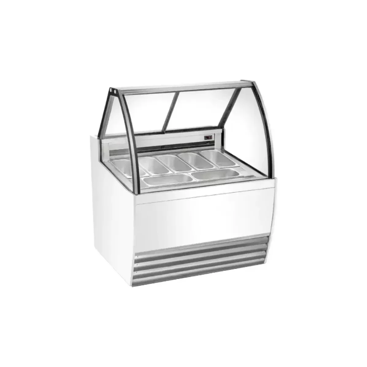 Vitrina exhibidora de piso para helados y gelato marca Migsa modelo DW-7 en color blanco con 7 insertos de acero inoxidable