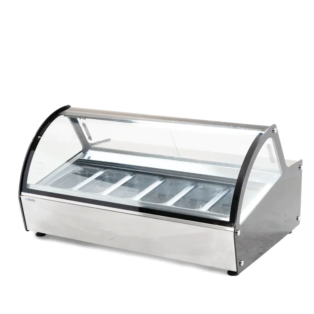 Vitrina exhibidora panorámica sobre mostrador para helados marca Migsa modelo RTD-122L-1 de 6 insertos con frente curvo